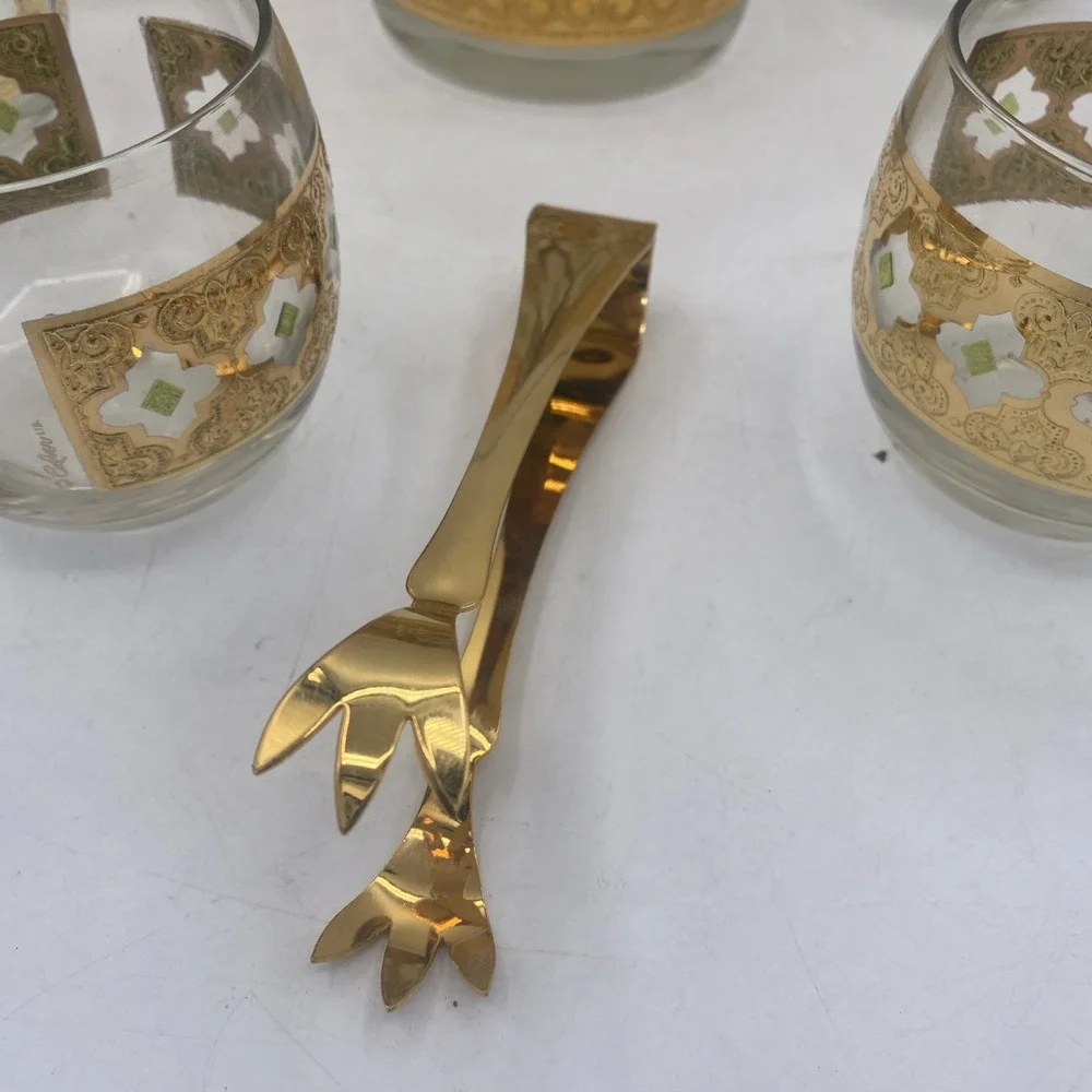 VTG Culver Green 22K Gold VALENCIA Ice bowl & Roly Poly Glasses BAR SET MCM